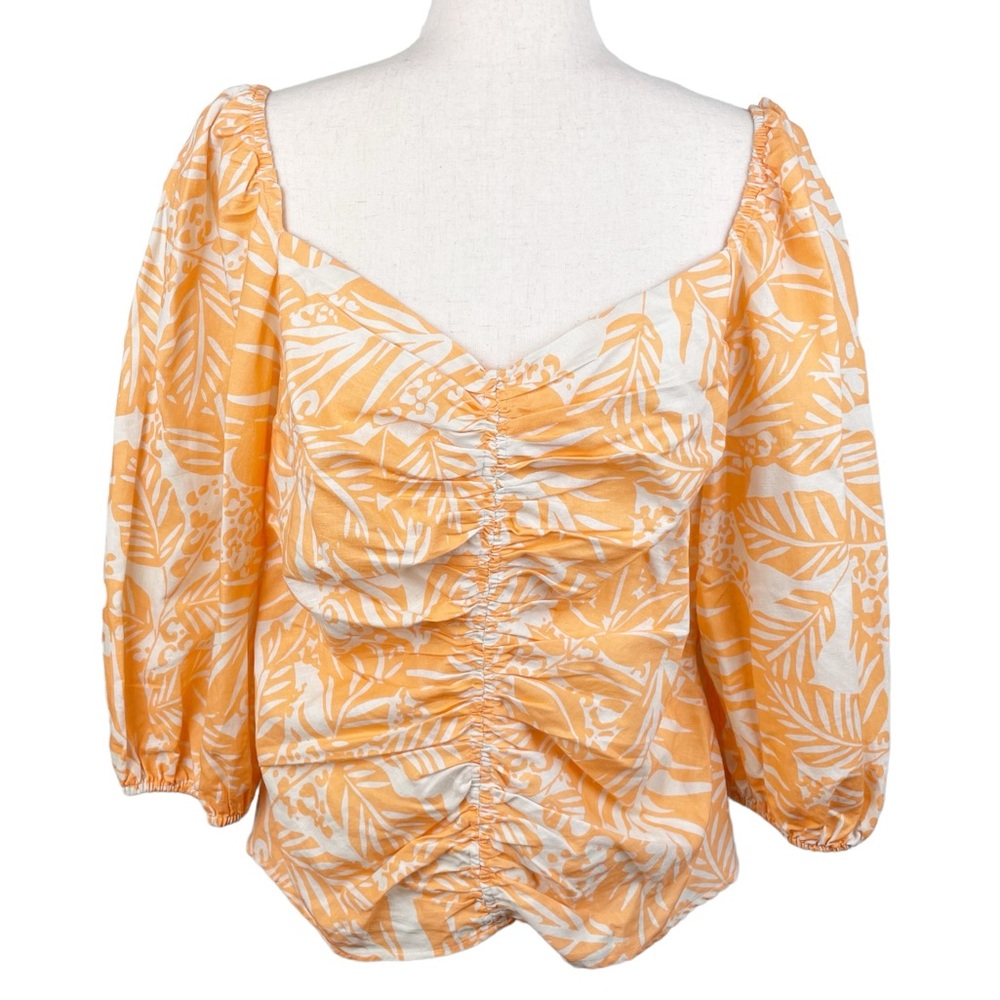 Mint Velvet Rachel Palm Print Linen Cotton Top Blouse Orange White US Size 14